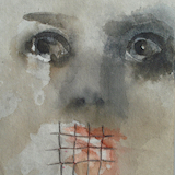 The mask frightens me, it makes me feel like my mouth is in prison 2020 - Watercolour, linen and pencil on viscose – 17,5 x 13,5 cm
